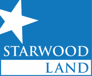 Starwood Land logo with a white star, text, and Dallas Metroplex blue background.